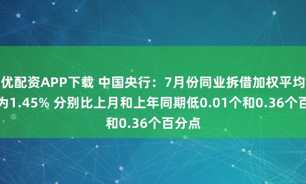 优配资APP下载 中国央行：7月份同业拆借加权平均利率为1.45% 分别比上月和上年同期低0.01个和0.36个百分点